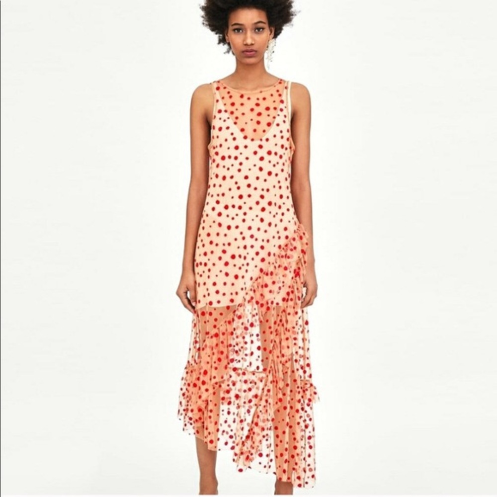 ZARA Red / Cream Polka Dot Sheer Asymmetrical Dress